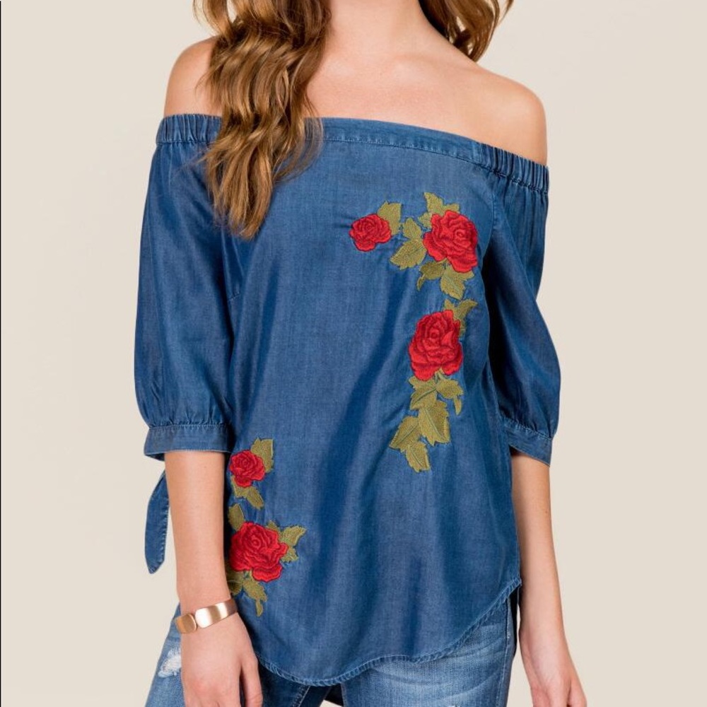 Blue Zoe Off the Shoulder Floral Embroidery Top, S